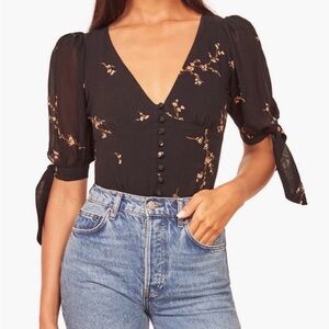 Reformation Black Floral V-Neck Tie-Sleeve Top